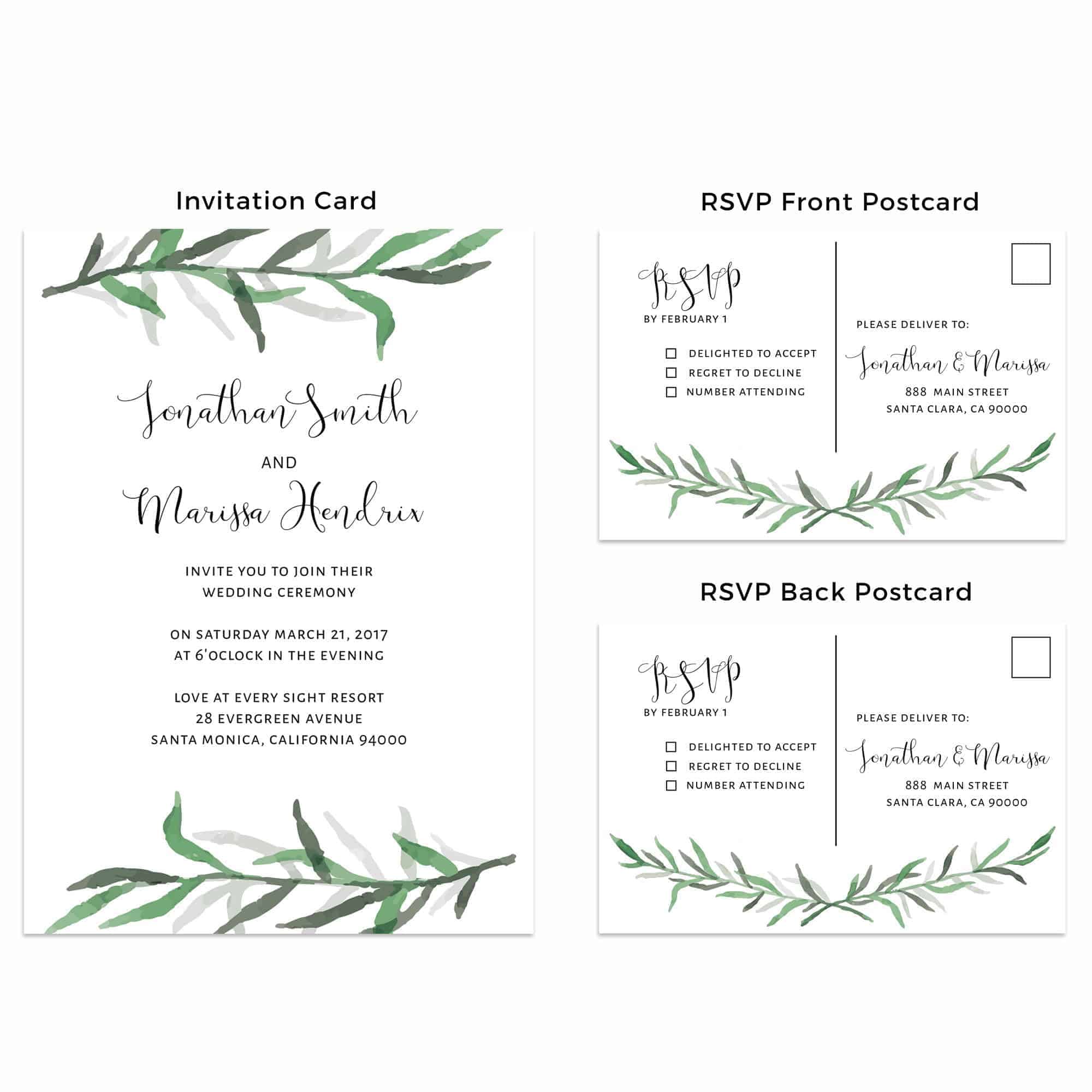 Simple Wedding Invitation Cards With Rsvp Postcards Branches Nature