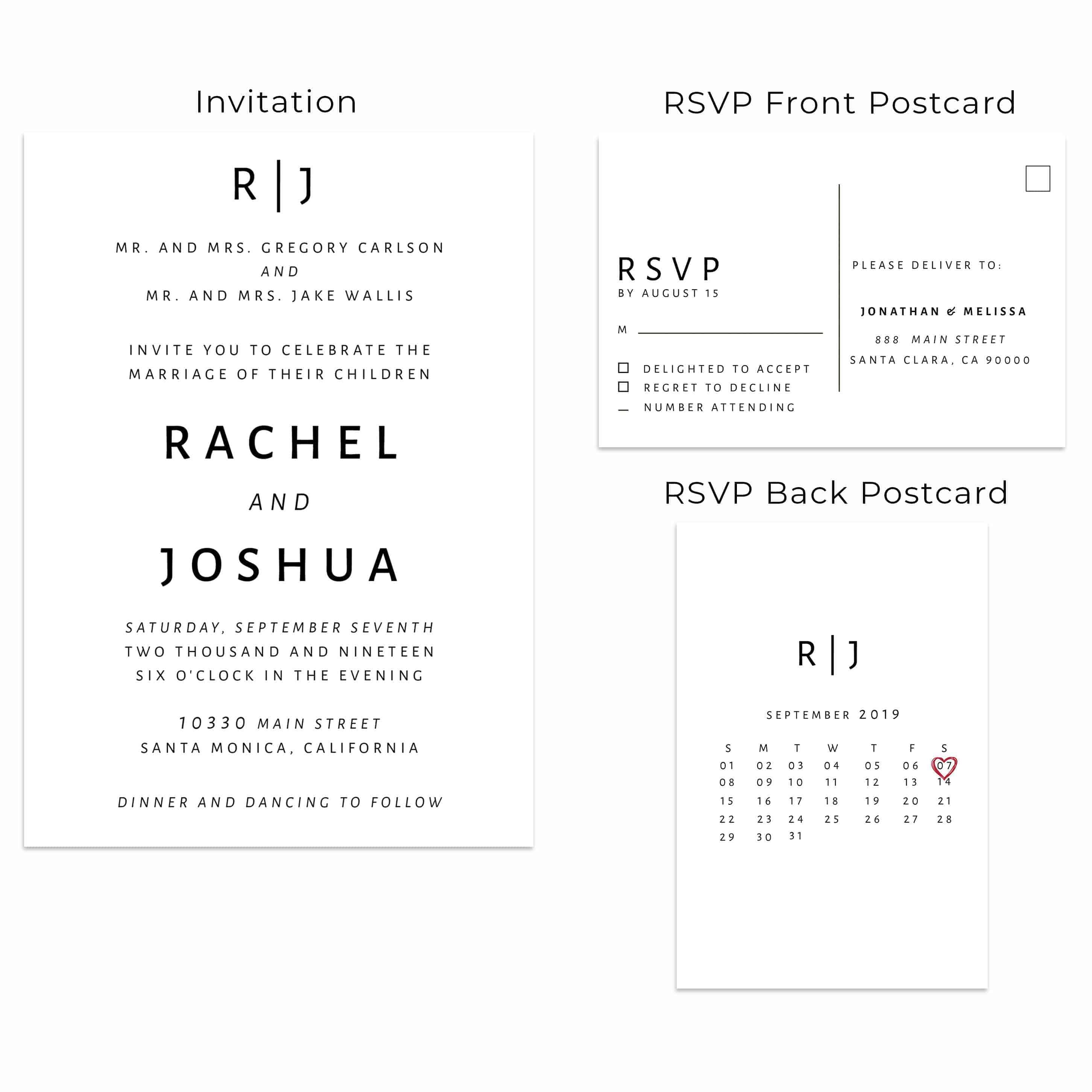 Simple Plain Wedding Invitation Cards With Rsvp Postcards