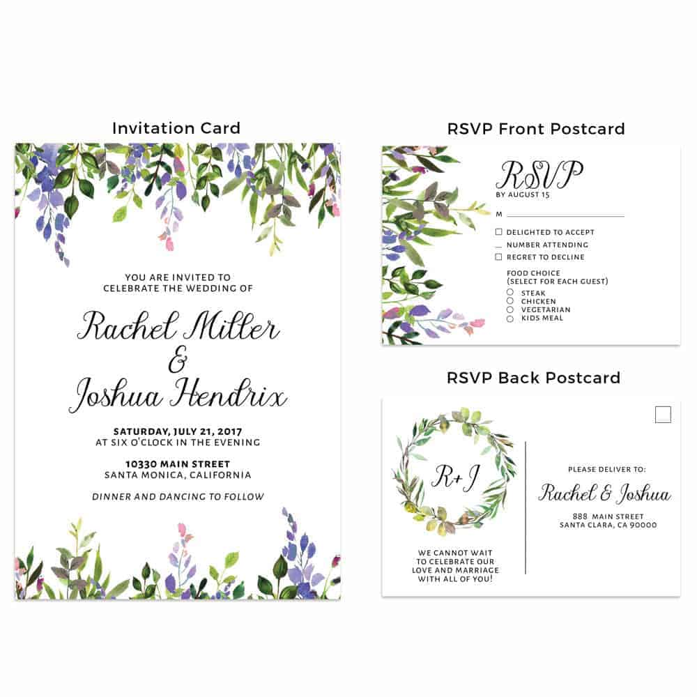 Floral Purple Wedding Invitation Cards With Rsvp Postcards Leaves